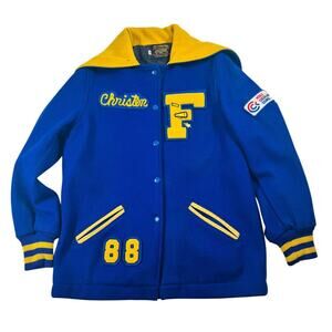 Vintage 1980s Skookum Letterman Cheerleader Jacket Blue Yellow Wool USA Size 36